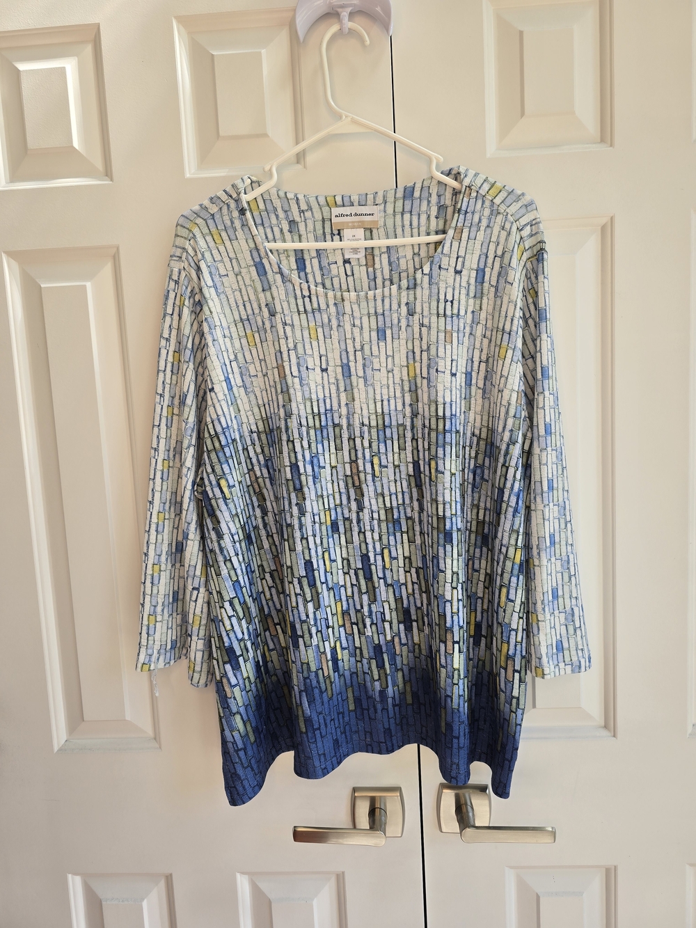 Alfred Dunner Blue Mosaic Print Long Sleeve Top